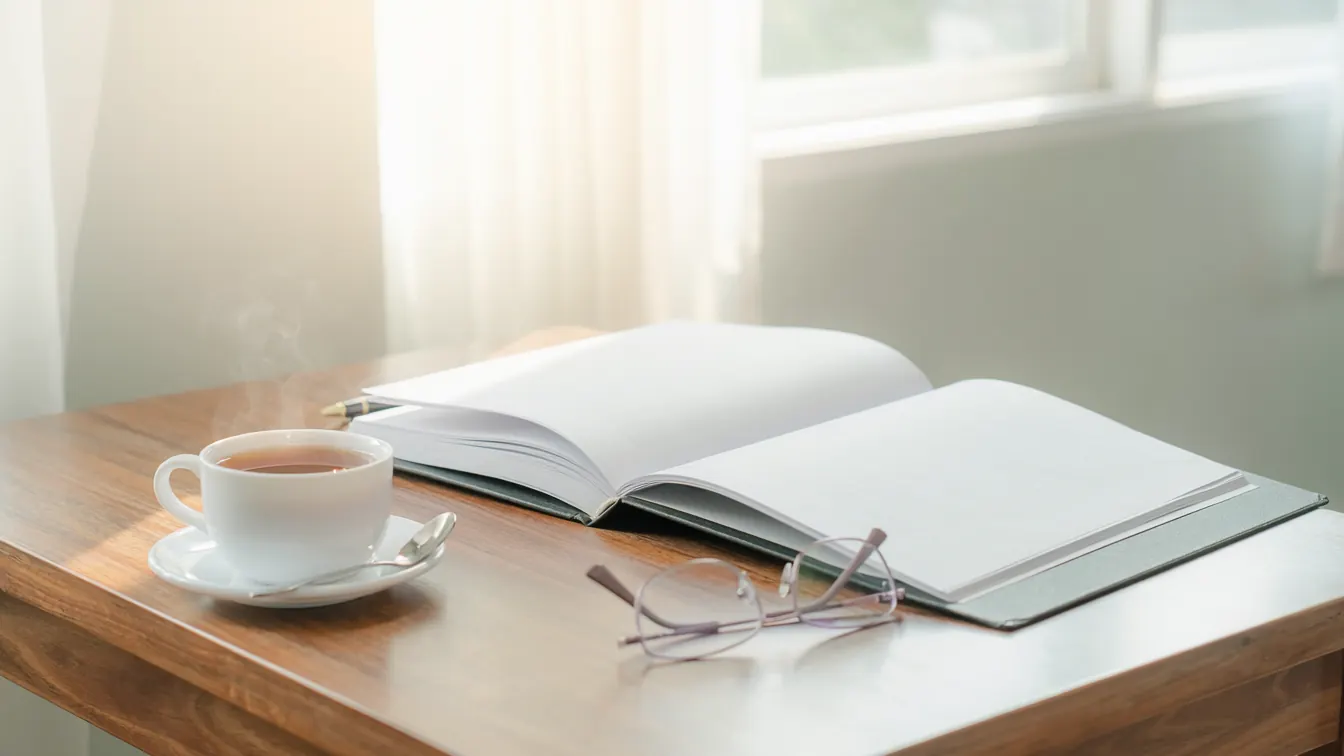 An open notebook, a cup of tea and reading glasses on a wooden desk in morning light