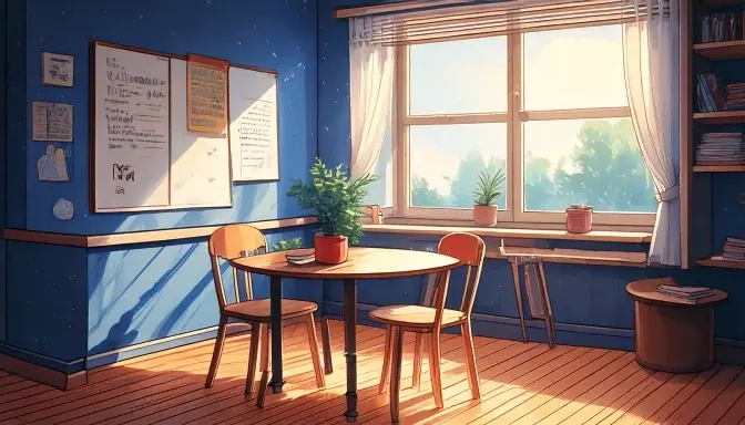 A quiet classroom corner at dawn with a small table and chairs drawn together