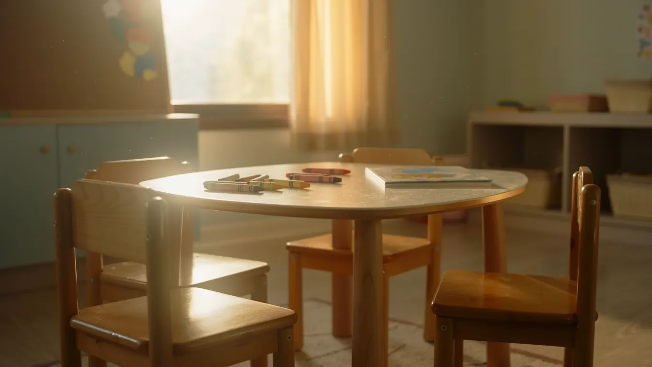 A small round table with child-sized chairs in a sunlit classroom corner