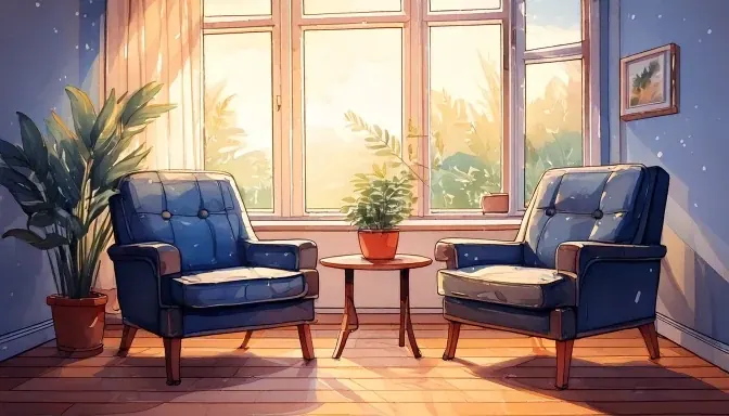 Two comfortable armchairs facing each other in a calm room at dawn