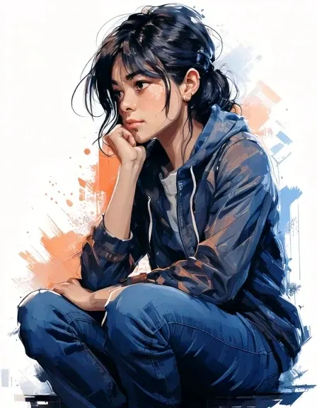 Illustration of a teenager sitting with knees drawn up, looking thoughtful