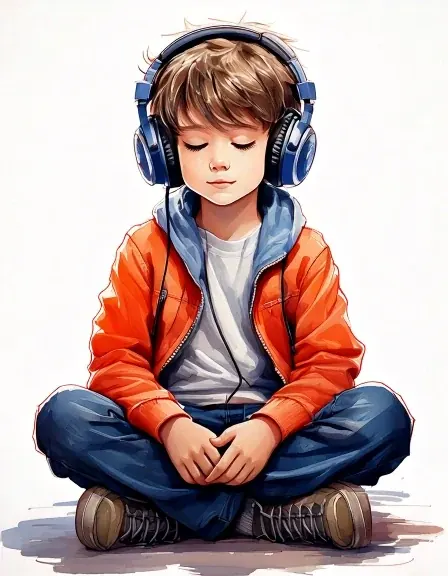Illustration of a child wearing headphones with their eyes closed, calm and content