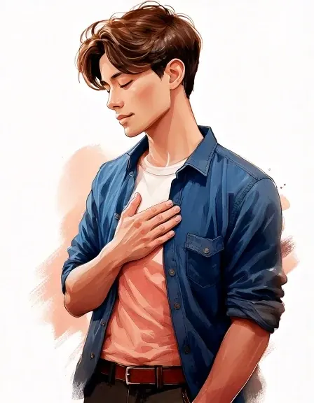 Illustration of a young person standing calmly with a hand resting over their heart